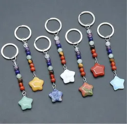 15st Natural Stone Star 7 Chakra Beads Key Rings Chains Keychains Healing Crystal Keyrings for Women Men 240315