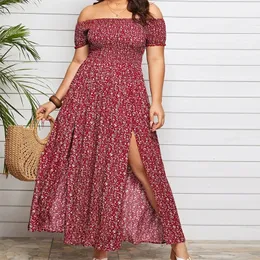 Summer Womens Boho Floral Print Off Shoulder Split Long A Line Dresses XXXL 4XL 240321