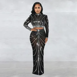 Uzun Kollu Mesh Maxi Bodycon Elegant Party Party Rhinestone için Doğum Günü Elbisesi Seksi Kulüp İki Parça Setleri Kadın Outifits 240315