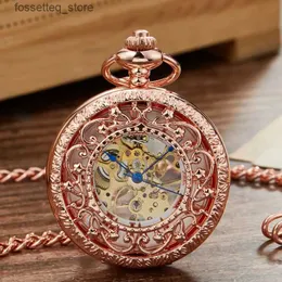 Taschenuhren Neue Rose Gold Mechanische Tasche Mit Kette Steampunk Skeleton Hohl Handaufzug Anhänger Uhr Männer Frauen Relgio de bolso L240322