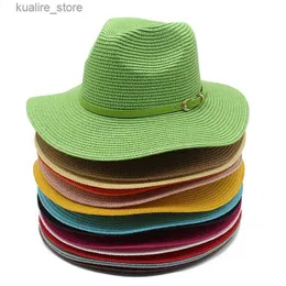 Hüte mit breiter Krempe Eimerhüte New Grass Green Wide Flat Brim Top Hat Travel Beach Sun Protection Panama Sun Hat Women Straw Jazz Fedora Hat with Belt L240322