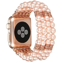 Fran-11BD Kvinnor smycken rostfritt stål rem för klockband 7 4 3 Pearl Diamond Armband för iWatch Bands SE 6 5 38-44mm 240311