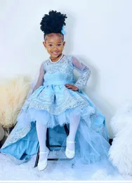 Girl Dresses Blue Satin Girls Pageant Lace Appliques Long Sleeves Children Birthday Gowns Hi Lo Ball Gown Kids Pography