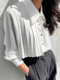 T-shirt da donna Camicia bianca moda Donna Manica lunga monopetto Pieghettato Blusas larghi Office Lady Top Autunno Inverno X638