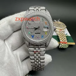 Relógio masculino com diamantes completos, automático, mecânico, arco-íris, números arábicos, mostrador 40mm, safira, com pulseira de aço cravejado de diamantes