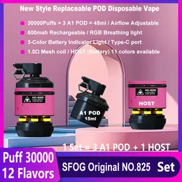 SFOG Original puff 30000 vapes disposable puff 30k replaceable pod vape NO825 30000 puff vaper e cigarette 45ml pod 12 flavors vapor pen vs puff 20000 20k puff 15000