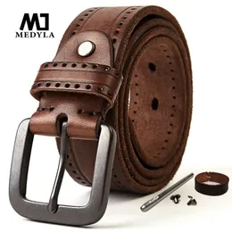 Medyla Natural Leather Belt Mens Hard Metal Matte Buckle Mens 원래 가죽 벨트 105-150cm 청바지 벨트 나사 액세서리 240320