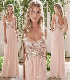 2020 vestidos de dama de honra blush rosa cintas de espaguete lantejoulas ruched sem mangas sem costas chiffon praia vestidos de festa longos casamento gu1820784