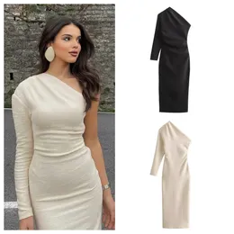 Pb za 2024 primavera moda feminina temperamento casual versátil fino ajuste assimétrico vestido de um ombro 240323