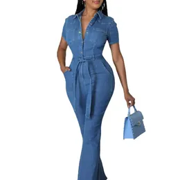 Womens Formal Clothing Denim Shirt Jumpsuit Belt Short-sleeved Classic Jean