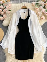 Summer Korean Twopiece Set Women White Thin Blouse Split Sunscreen Shirt Sexy Halter Bodycon Dress Casual Twopcs Suits 240323