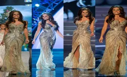 Vestido Miss Universo Zuhair Murad Arabiska kvällsklänningar sjöjungfru guld sida slits kristall pärlspänning tulle prom klänningar kändis dr5935085