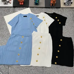 Fashion Two Piece Dress Gold button Suit O-neck Short Sleeve Ladies Knitwear Tops High Waist Lady Skirt Knit Set Outfit Tracksuit