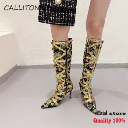 Buty Calliton Womens Buty High Barrel Kneehigh Boots Sexy Floral Rhinestone Banquet Casual Party Fashion Buty Boots Winter 2023