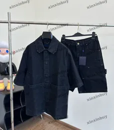 xinxinbuy erkekler tasarımcı tee t shirt 2024 İtalya kabartma mektubu Jacquard kumaş denim setler kısa kollu pamuk kadınlar gri mavi siyah kayısı m-2xl