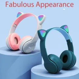 Hörlurar/headset trådlöst Bluetooth öronuppsättning söta kattöron hörlurar med mic hifi stereo musik spelare örondrags blixtljus headset för barn tjej gåva