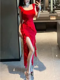 캐주얼 드레스 WOMENGAGA RED DRESS 우아한 길고 섹시한 가슴 사각형 칼라 얇은 프리프스 하이 스플릿 스트랩 달콤한 한국 여성 탑 x8DK