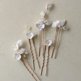 SLBRIDAL Handmade INS Ceramic Flower Leaf Pearls Bridal Hair Pin Set Wedding Sticker Accessorie Jewelry 240311