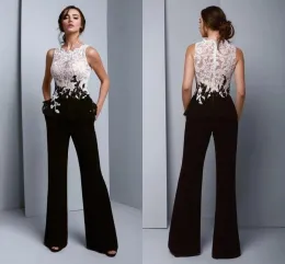 Chic Black And White Prom Dresses Elegant Jumpsuit Evening Dress See Through Top Lace Pansuit Women Graduation Party Trousers Formal robes de