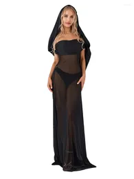 Casual Dresses Women Sexy Sheer Mesh See Through Overlay Dress Y2k Off Shoulder Ruched Hooded Long Cocktail Party Beach