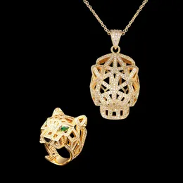 Zlxgirl Schmuck Gold und Rhodium Silber Palted Farbe Leopard Anhänger und Ring Schmuck Sets Mode Frauen Männer Ringe Halskette 240323
