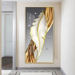 Calligrafia nordica di lusso astratta arte della parete piume bianche dorate pittura su tela nastro dorato poster per portico corridoio decorazione della casa