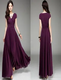 Plum V Neck krótki rękaw długie szyfonowe sukienki druhna Elegancka elegancka liniowa sukienki na bal maturalne Burgundowe przyjęcie weselne DR2615613