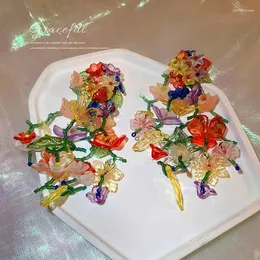 Baumelnde Ohrringe, übertriebene Simulation, bunter Blumen-Tropfenohrring, böhmische Blumen, Blätter, Schmuck, Blütenblatt-Quaste, Acryl-Blumen-Ohrring