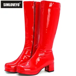 Stiefel Simloveyo Herbst Candy süße Knreihe Stiefel runde Zehenquadratsabsatz PU Zipper Großgröße 3346 Gelbgrüner Lila Orange S1981