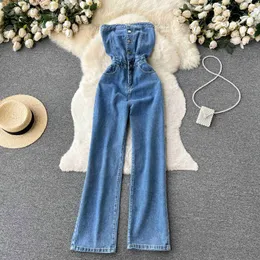 Spring Summer New Retro Sexy Single-breasted Female Denim Chest Wide-leg Pants Jumpsuit