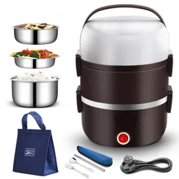 220V Electric Heat Lunch Box Rostfritt stål 2L Stor termisk matbehållare Warmer Mini Rice Cooker Work Home Lunchbox Set 240312