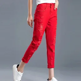 Spring Summer Woman Female High Waist Red Balck White Ripped Hole Tassel Jeans Harem Pants Womens Ankle Length Denim Trousers 240309