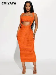 CMYAYA Fashion Women Stretch Seersucker Romper Bodycon Midi Maxi Dress with Strapless Matching 2 Piece Set Outfits 2023 Summer 240323