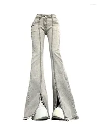 Jeans femininos americano retro cinza flare cintura alta slim bell bottoms mulheres moda split hem denim calças calças clássicas rua