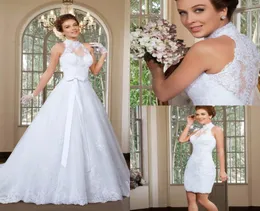 2016 Cheap Elegant A Line High Neck Wedding Dress Detachable Skirt Wedding Dresses Sweep Train Beach Bridal Gowns vestido de noiva7811234