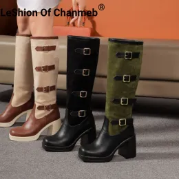 Stövlar Leshion of ChanMeb Microfiber Kneehigh Punk Boots Multibelt Chunky Block High Heel Boot Chic Mix Color Shoe Fall Winter Winter
