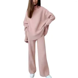 Zweiteilige Damenhose aus Strick, einfarbig, hoher Kragen, entspanntes und lässiges Set, lange Hochzeitshose, Anzüge für Damen, eleganter Fleece-Hosenanzug