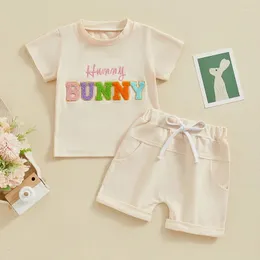 Kläder sätter kortärmad sommar baby pojkar kläder brev broderi påsk småbarn kostym toppar och solida shorts kläder