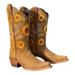 Stiefel Frauen Cowboy Boots Blumengestickte Vintage Cowgirl Stiefel Reiter Ritter High Stiefel Square Zehen Vintage Reitgeschenke