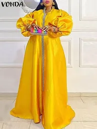 VONDA женское платье макси размера плюс 5XL, осеннее сексуальное атласное лоскутное платье с v-образным вырезом и рукавами-фонариками, повседневный свободный халат 240318