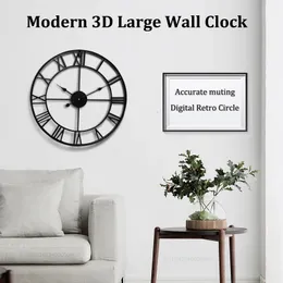 Modern 3D Large Wall Clocks Roman Numerals Retro Round Metal Iron Accurate Silent Nordic Hanging Ornament Living Room Decoration 240322
