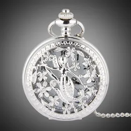 TFO Pocket Watch Silver Hollow Petals Surround Dancing Mermaid Design Pendant Ladies Fashion Gift Necklace219e