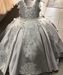 Girl Dresses Luxurious Grey Flower Lace Beaded Satin Little Princess First Communion Gown Pageant Up Back