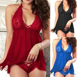 Porno Red Sexy Women's Lingerie Backless Lace Halter Sleepwear Dress V-neck Babydoll Robe Nightdress Plus Size XXL 008