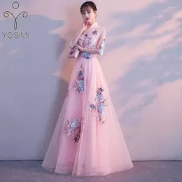 Partykleider YOSIMI-Damen Bodenlanges chinesisches Cheongsam-Kleid mit Blumenstickerei, langes Hochzeits-Halbarm-Rosa-Sommerkleid