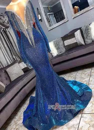 2019 Sparly Blue Mermaid Evening Prom Dress Sexy Refleksyjna Off Ramper frędzle długa formalna suknia imprezowa BC13672390632