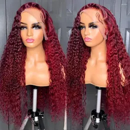 Parrucca frontale con onda d'acqua 13x4 trasparente 99J Borgogna anteriore in pizzo rosso colorato HD riccioli parrucche di capelli umani per le donne