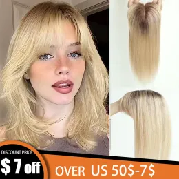 Toppers prosto Remy Human Hair Toppers z grzywką Toupee Hair Kawał się jedwabny klips podstawy w topperie do włosów na wypadek włosów Kobiet Ombre Blonde