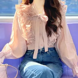 Женские блузки с листьями лотоса, розовая милая рубашка, весенне-летняя модная блузка 2024, кружевная блузка в корейском стиле с длинным рукавом и v-образным вырезом, элегантная для женщин