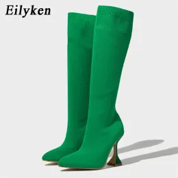 Stivali Eilyken inverno High High Keel Kneehigh Boots Women Shoebless Fabric Scrole Street Style Street Street punta Female Long Socks Booties